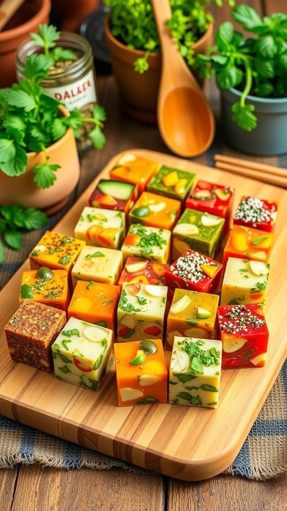 Colorful homemade seasoning cubes on a wooden board with fresh herbs in the background.